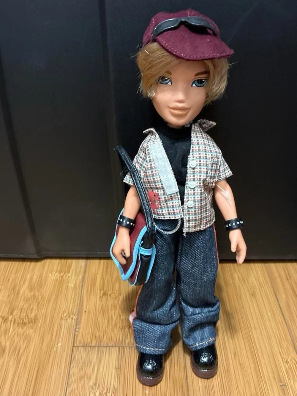 Kids Fashion Doll with Burgundy Cap and Black Denim Outfit